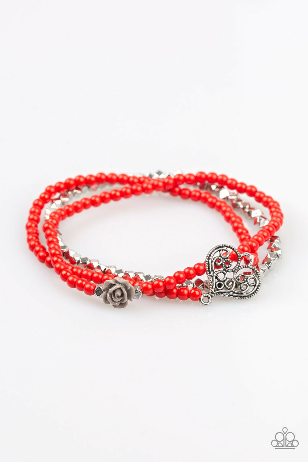 Lover's Loot Dainty Red Beads Silver Heart Charm Bracelet ( B Bin #1 )