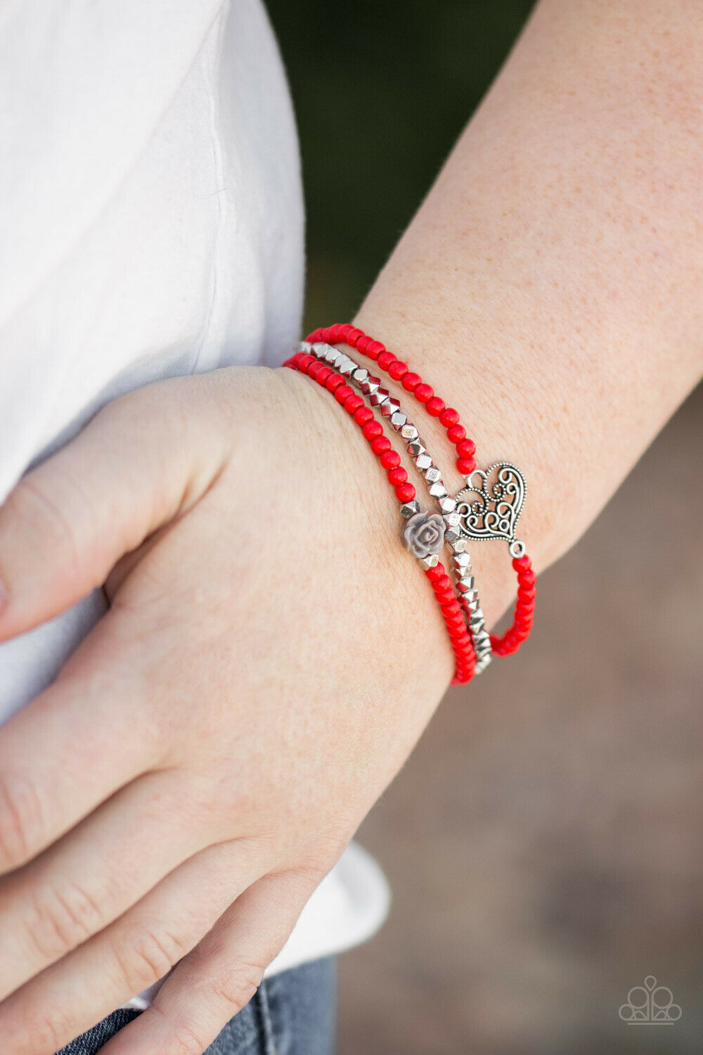 Lover's Loot Dainty Red Beads Silver Heart Charm Bracelet ( B Bin #1 )
